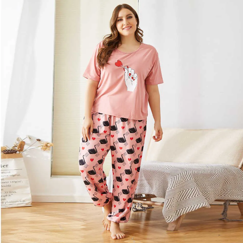 Plus Size Women's Pyjamas sätter damer sommarhus kostymer med kortärmad 2 stycken Sleepwear Women Bomull Homerwear Outfits 210809