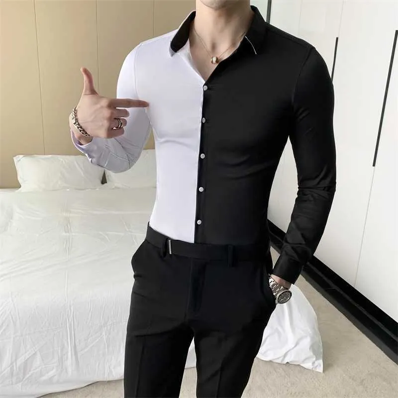 Осенние мужские рубашки лоскутное Slim Fit с длинным рукавом повседневная рубашка формальное делоское платье рубашки на улице CamiSas Para Hombre 210527