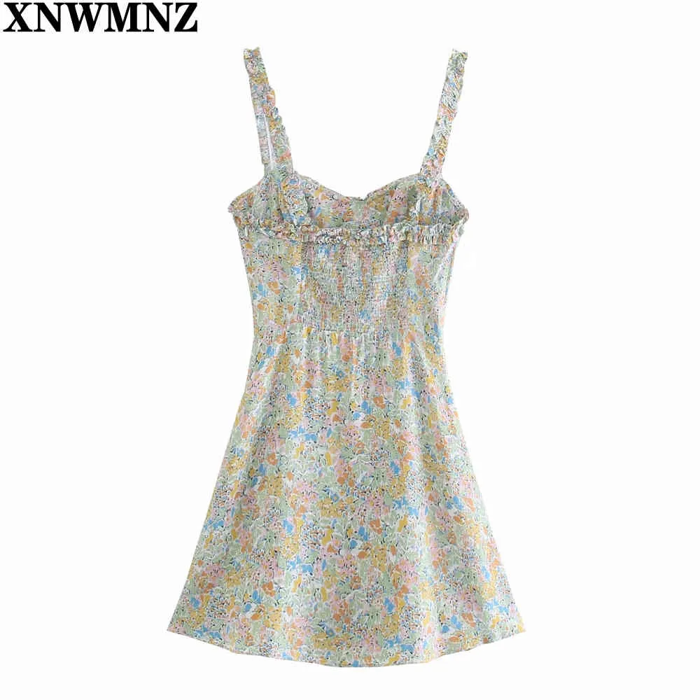 Mini vestido con estampado floral de verano para mujer, vestido corto con tirantes y cuello en V para mujer, vestidos elásticos con cremallera lateral elegante para mujer 210520