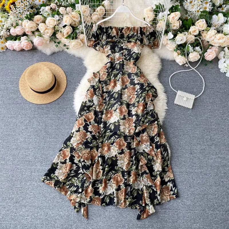 Femmes mousseline de soie robe de plage été Slash cou irrégulier midi robe longue coréenne imprimé fleurs volants une robe de ligne 210419