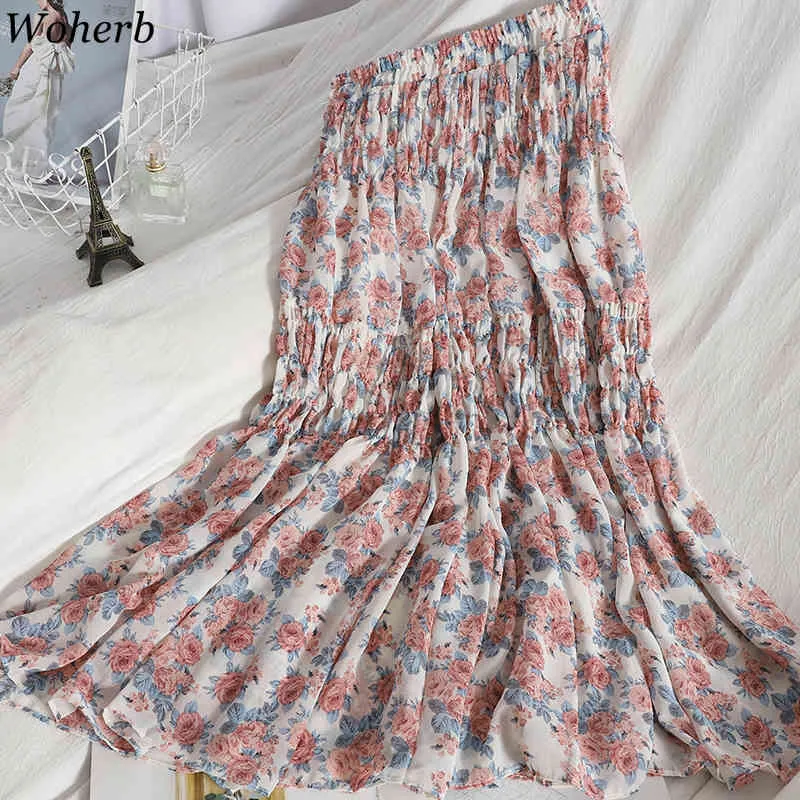 Vintage blommig tryckta veckade midi-långa kvinnor chiffong kjolar hög midja kvinnlig koreansk chic vår sommar 210519