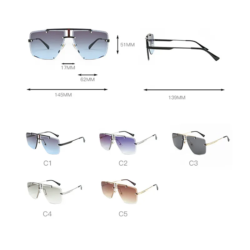 Square Rimless Sunglasses Men 2021 여름 패션 태양 안경 여성을위한 클래식 럭셔리 브랜드 색조 UV400 Zonnebril Eyewear218d