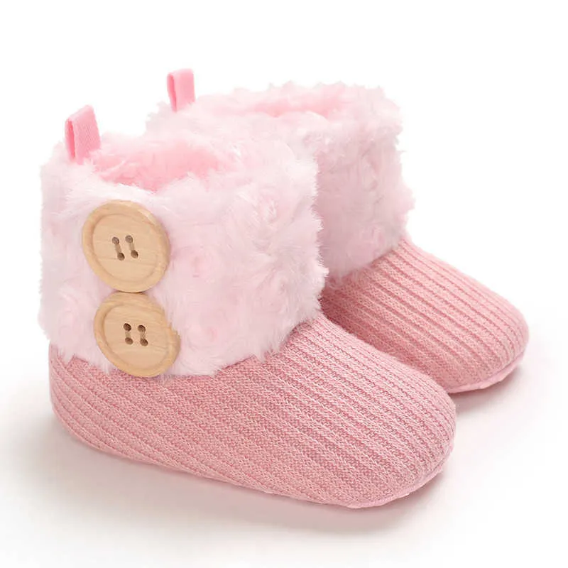 Hiver chaud fourrure tricot chaussons bébé bottes de neige avec 2 boutons semelle souple anti-dérapant infantile garçon fille Prewalkers chaussures G1023