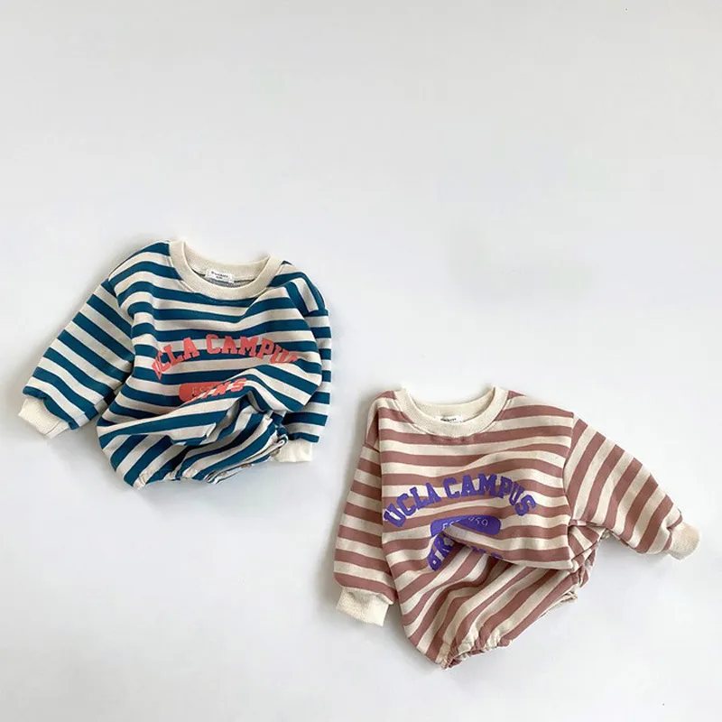 Autunno Tute neonati Manica lunga Abbigliamento casual bambini Stampa di lettere Tute neonati Tute ragazze a righe 210413