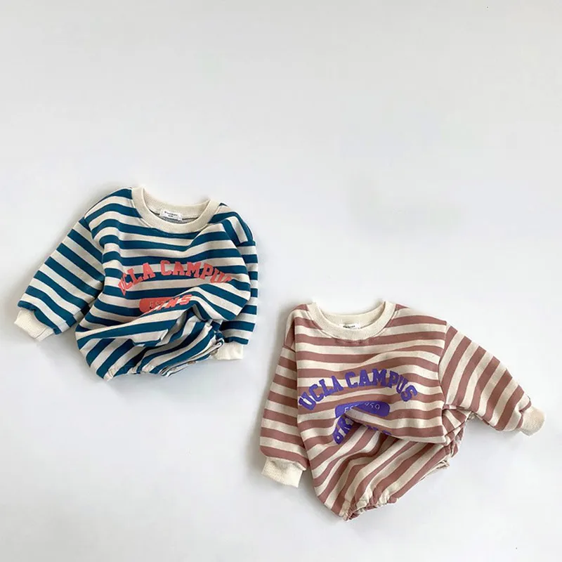 Otoño bebé monos manga larga casual ropa de bebé letra impresión infantil niños monos rayas niñas onesie 210413