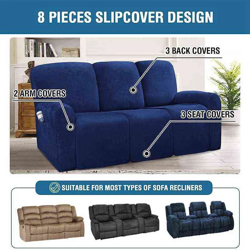 1 2 3 Seater Recliner Sofa Cover Elastic All-inclusive Massage Slipcover for Living Room Suede Lounger Armchair Couch 211116