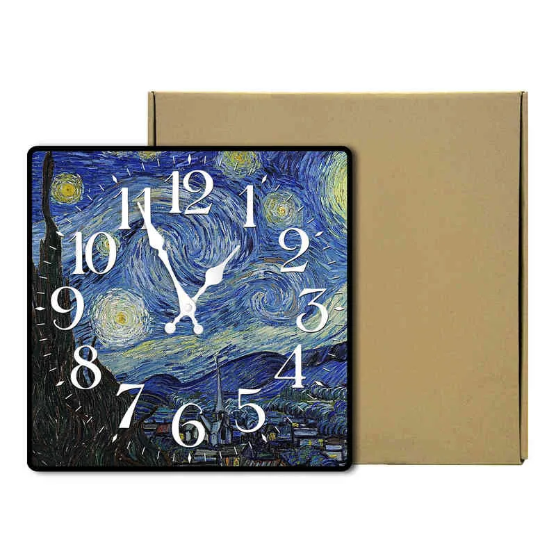 Van Gogh Dekoracyjne Malarstwo Gwiaździste Sky Home Decor Wall Art Clock Nowoczesne Ciche Niewiążkowe Kuchnia Retro Kwadratowe Zegary Ścienne H1230