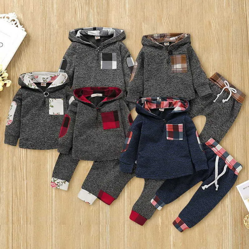 Groothandel lente jongens en meisjes sets kleurrijke plaid katoen hoodie 2-delig sport pak babykleding E90017 210610