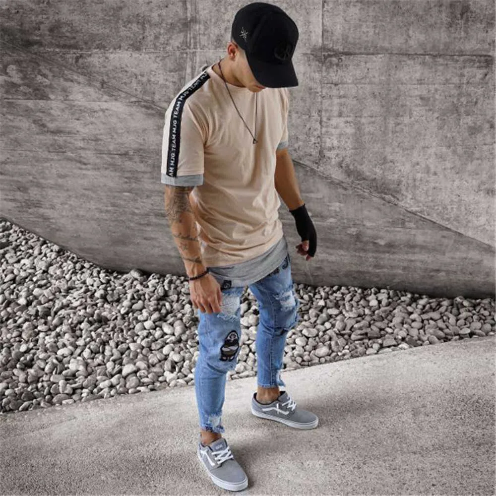 Pantalones para hombre Jeans Hombres Ripped Patched Badge Pintado Jeans Straight Slim Fit Hip Hop Casual Denim Jean para hombre Agujeros rotos Boys X0621