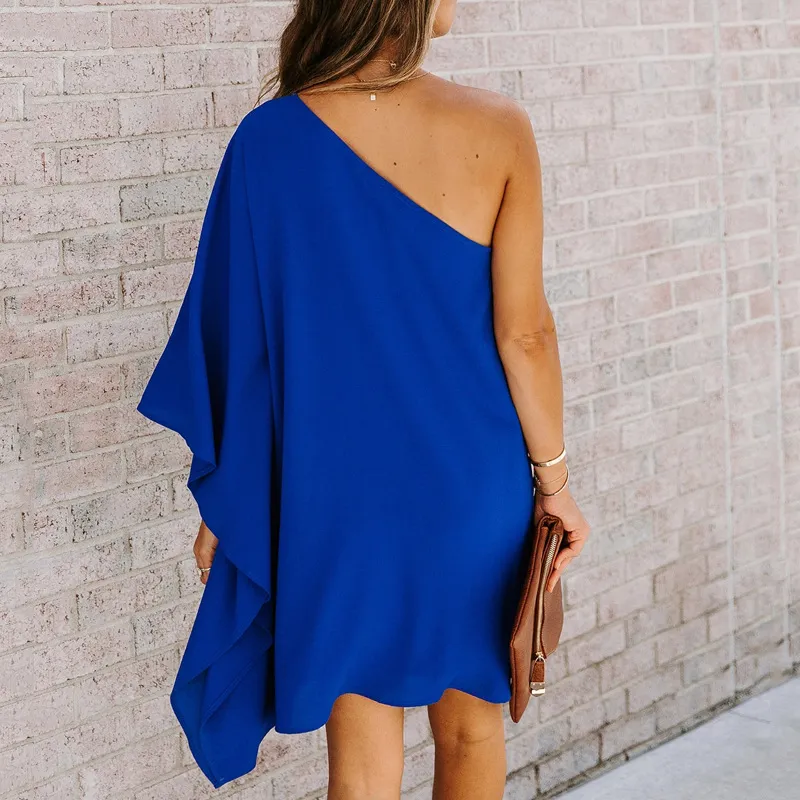 Women Dress Irregular Long Sleeve Off Shoulder Dresses Plus Size Black Red Blue Asymmetry Summer 210524