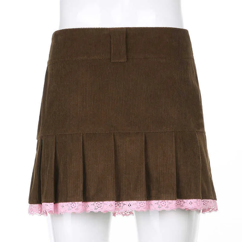 茶色のCorduroyプリーツのスカート女性ヴィンテージ90S審美的な女子高生ミニスカートレーストリム裾かわいいカワイイ服210607