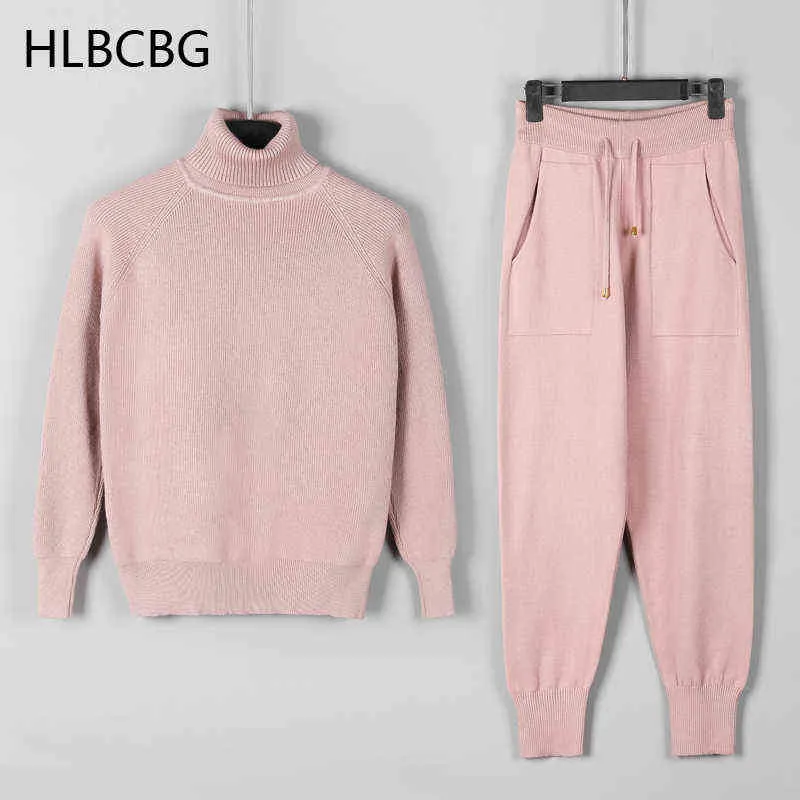 HLBCBG Set da due pezzi da donna Tute sportive in maglia Dolcevita caldo da donna Maglione da donna + Pantaloni Harem con coulisse Completi da jogging invernali 211116