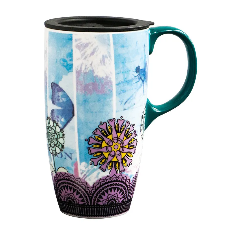 Tasses à café de voyage de grande capacité de 500ML avec couvercle, papillons en céramique sur fleurs, tasse de thé au lait en porcelaine pour femmes, cadeau de Couple 2540