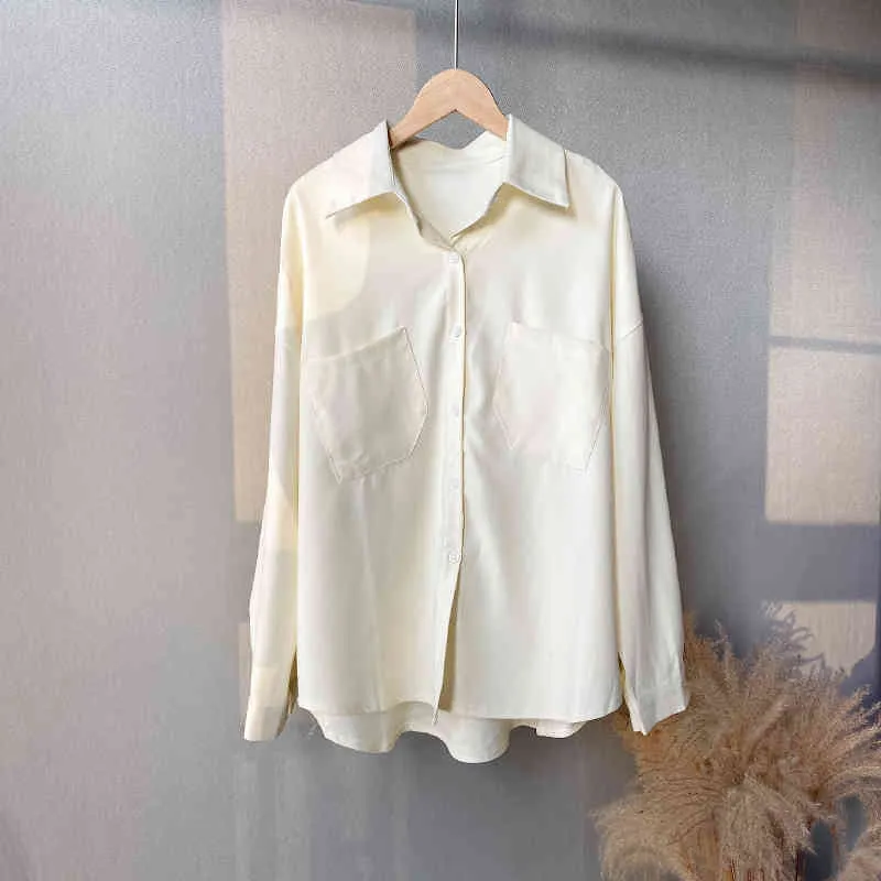 Lizkova Weiße Taschenbluse Damen Langarm Revers Übergroßes Hemd Elegante offizielle Damen Casual Tops 210401