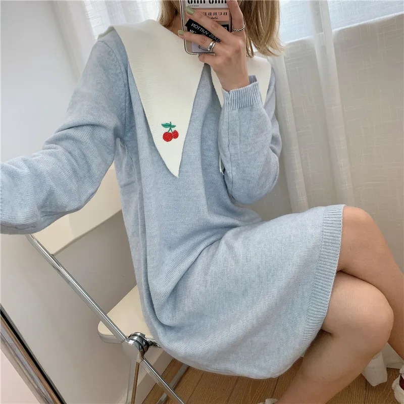 Kimutomo Sweet Girls Knitted Dress Autumn Winter Korea Fresh Style Female Turn-down Collar Embroidery Dress Elegant 210521