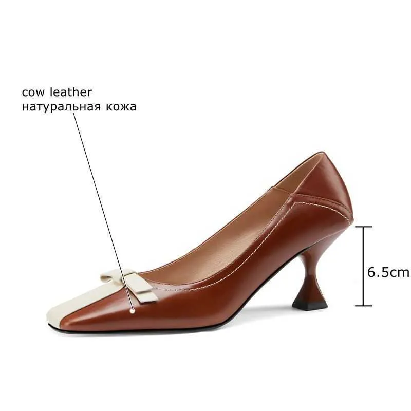 ALLBITEFO Bogen Design Karree weiches echtes Leder Frauen High Heels Mode Freizeit Frauen Heels Schuhe zu Fuß grundlegende Schuhe 210611