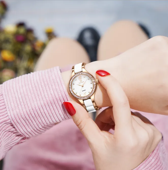 Orologio da donna al quarzo con lunetta in ceramica con diamanti in cristallo, cinturino confortevole, orologi da polso da donna Hardlex252V