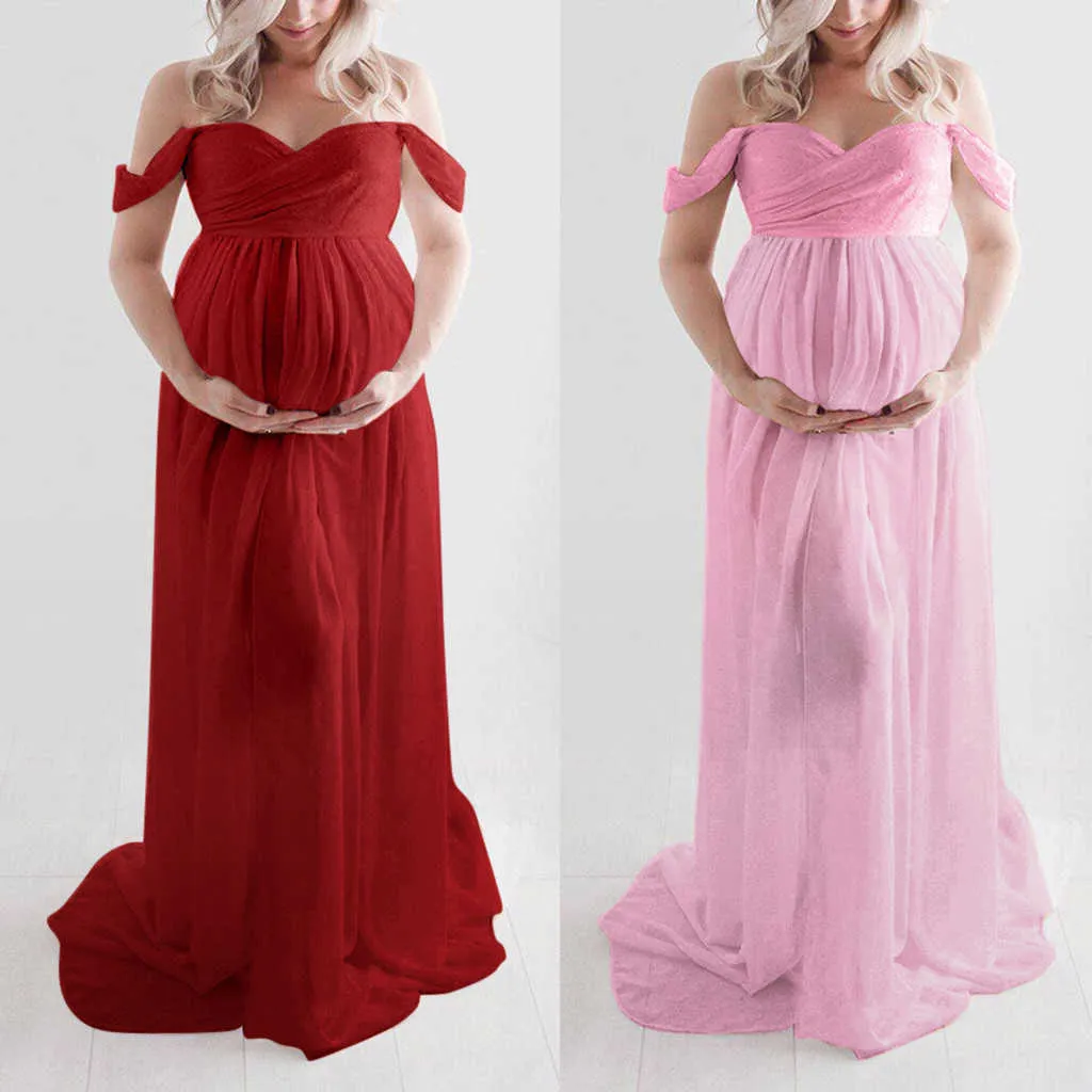 2021 neue Mode Frauen Weg Schulter Schwangere Sexy Fotografie Rüschen Pflege Lange Kleid Mutterschaft Kleidung vestidos de gestante X0902