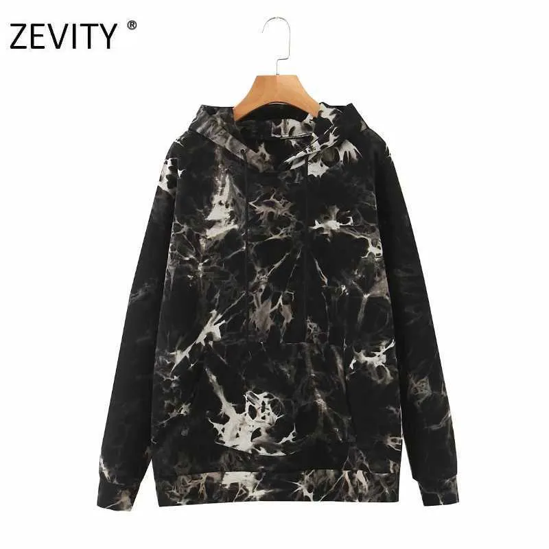 Zevity Women Vintage Krawat Barwiony Drukuj Dorywczo Luźne Kapturem Sweatershirts Panie Z Długim Rękawem Kieszenie Bluzy Chic Pullover Topy H352 210603