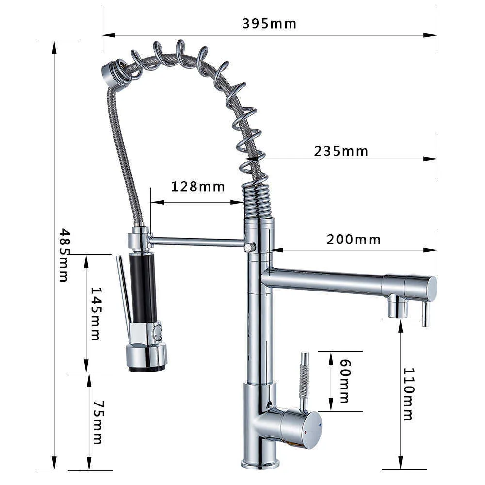 Rozin Chrome Spring Pull Down Küchenarmatur Dual Outlet Ausläufe 360 drehbare Handbrause Küchenmischer Kran Kaltwasserhähne 210724