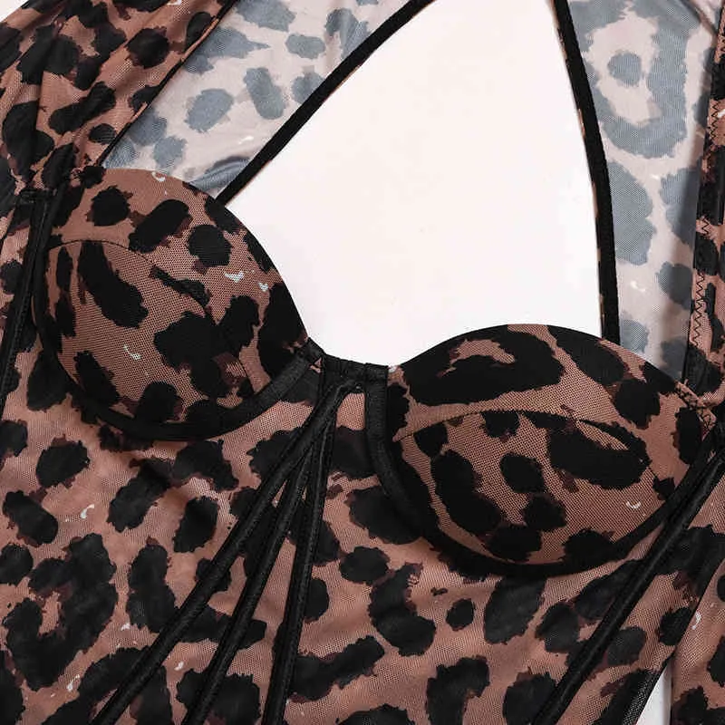 Leopard Gedrukt Push Up Sexy Holle Bodysuits Lente Herfst Dame Lange Mouw Mesh Bodycon Jumpsuit Tops Vrouwelijke Streetwear 210517