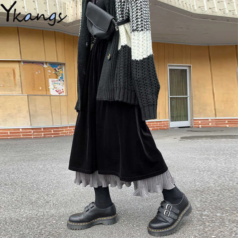Winter Vintage Velvet geplooide rokken vrouwen zwarte stiksel hoge taille lange retro velour rok Koreaanse stijl vrouwelijke faldas saias 210619