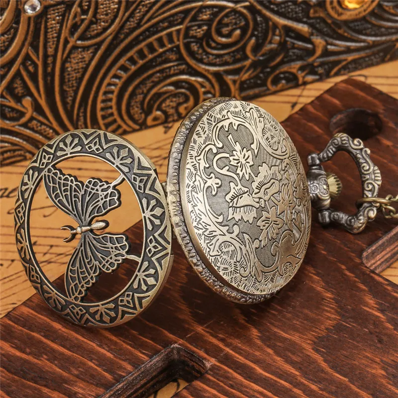 Steampunk Butterfly Design Mens Womens Quartz Analog Pocket Watch Arabic Number Dial Top Gift Pendant Clock for Kids Halsband Chai209D