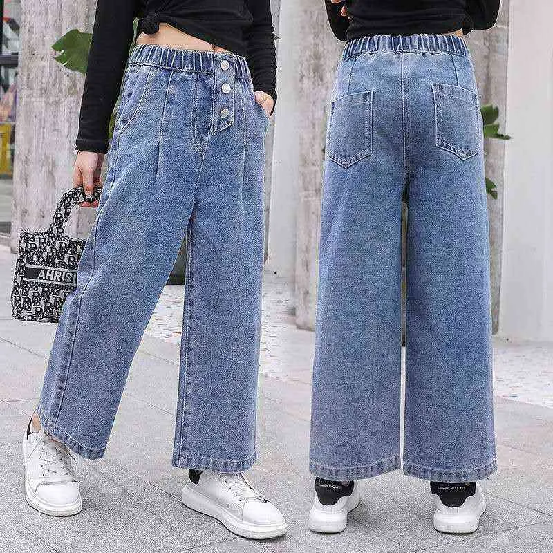 Girls Spring and Autumn Wide Leg Denim Pants Solid Elastic Waist Kids Jeans Korean Straight 3-13 Years Old Children's Trousers 211102