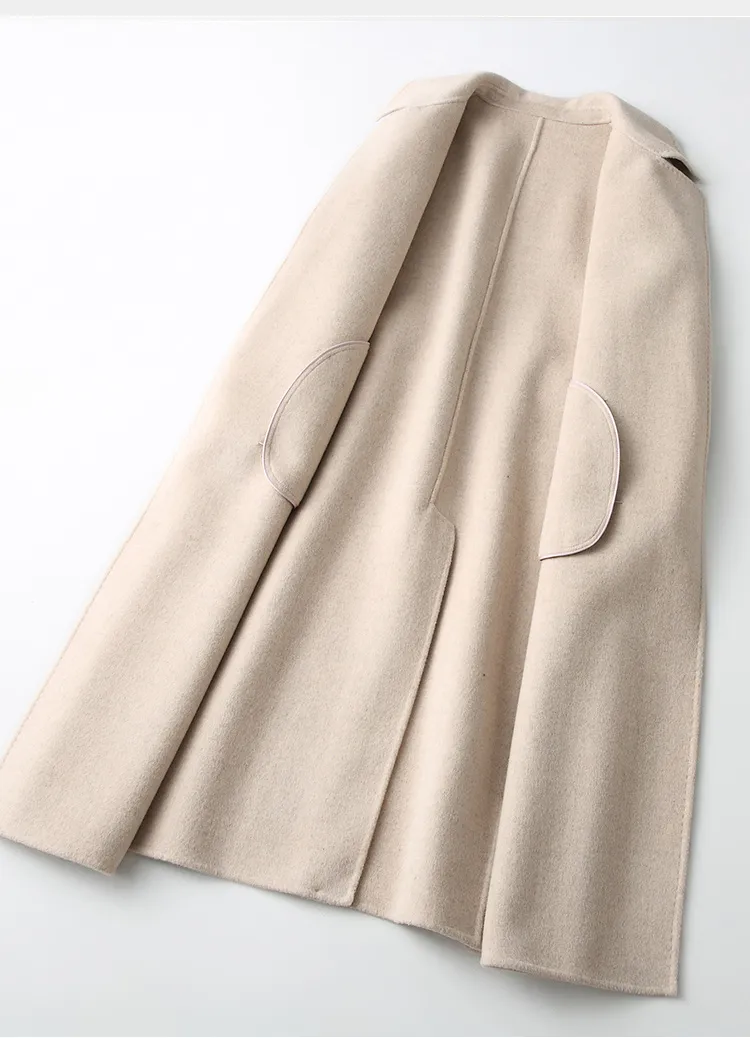 Women Cashmere Long Coat Elegant Turn Down Collar Woolen Coat With Belt Open Stitch Design Winter Warm Coats