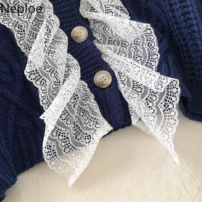 Nepoe Swetry dla kobiet Słodki Temperament Koronki Patchwork Knit Cardigan Chic Batwing Rękaw Krótka dzianina Płaszcz Pull Femme 210423