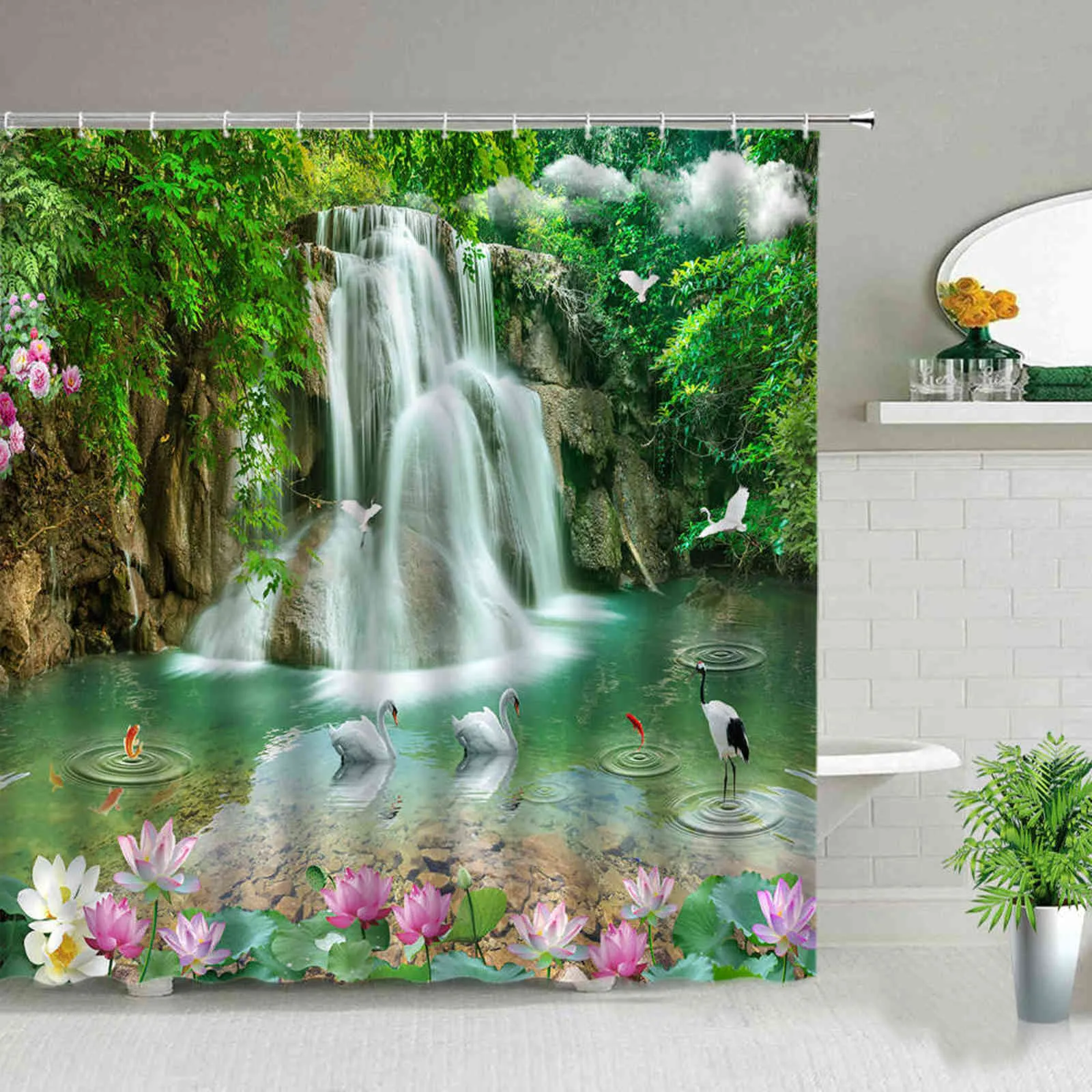 Cachoeira Paisagem Pássaros Pássaros Chuveiro Cortinas Verão Cenário Natural Cenário Impermeável Decoração Decoração Decoração Poliéster 211116