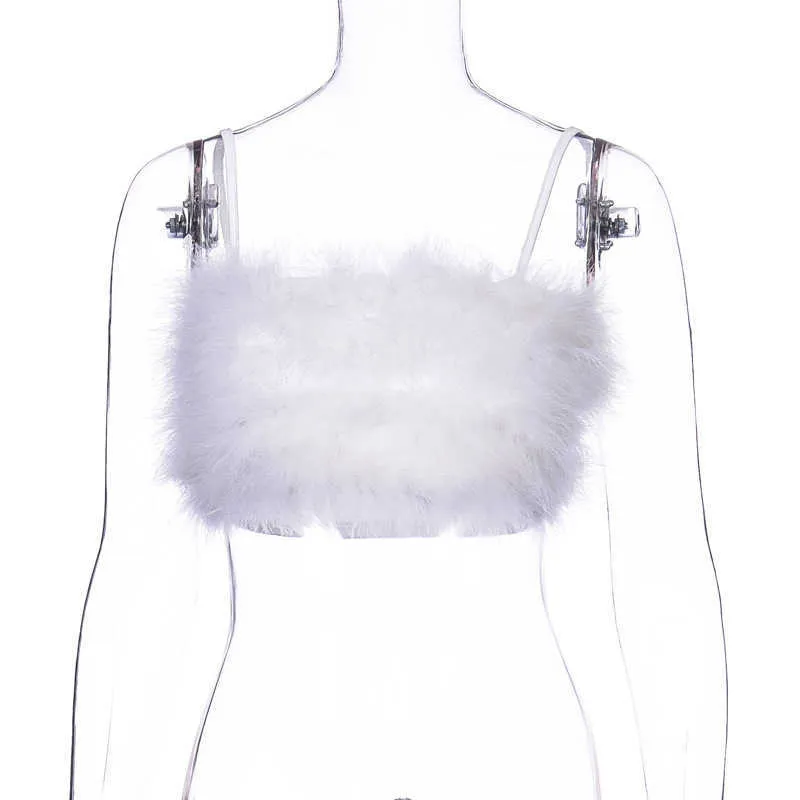 Kvinnor Fluffy Fur Cute Pink Camisole Full Fur Sling Fuzzy Top Ärmlös Kawaii Bustier Underkläder Bralette Party X0726