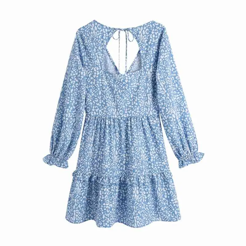 Femmes d'été imprimé léopard profond col en V à volants mini robe femme à manches longues vêtements décontracté dame lâche robe D7552 210430