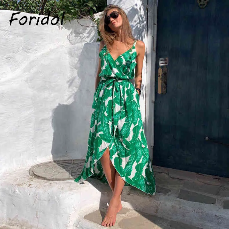 Foridol Bez Rękawów Liść Drukuj Boho Lato Długa Dress Casual Side Slit V Neck Beach Maxi Dress Kobiety Vintage Wakacje Dress 210415