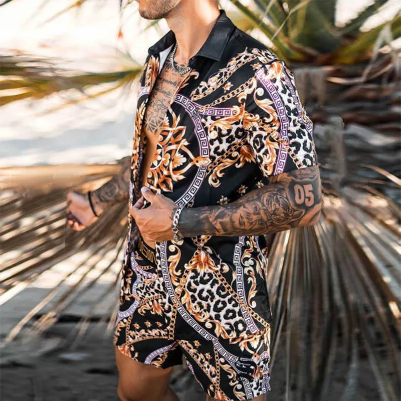 Hommes Mode Hawaïen Ensembles Impression 2021 Été À Manches Courtes Bouton Chemise Short De Plage Streetwear Casual Costume Pour Hommes 2 Pièces S-3XL X0610