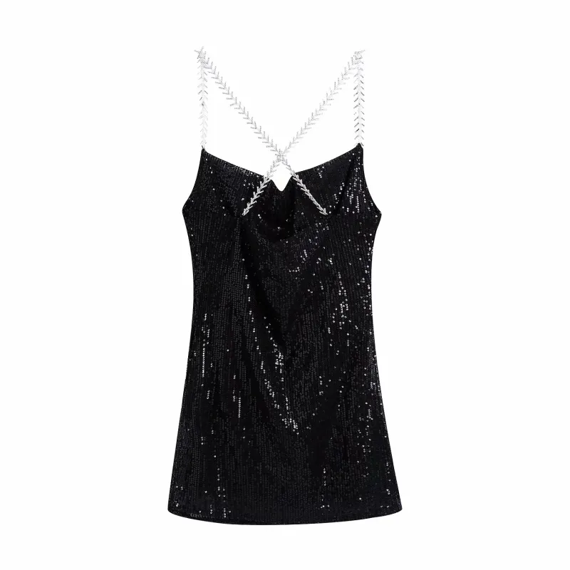 Sexy Vrouw Zwarte Dimond Spaghetti Strap Jurk Elegante Dames Glanzende Party Jurken Vrouwelijke Chic Blingbling 210515