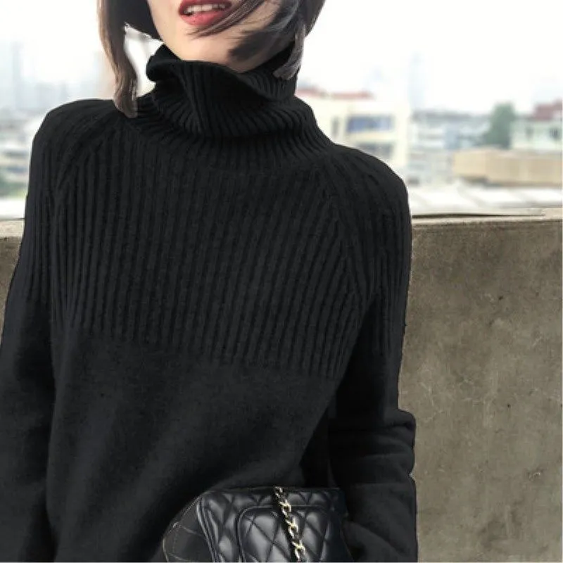 Suéter de diseño para mujer, jerséis de cuello alto, liso elástico a rayas, Top coreano de punto de talla grande, ropa Harajuku para primavera y otoño, Beige Kh