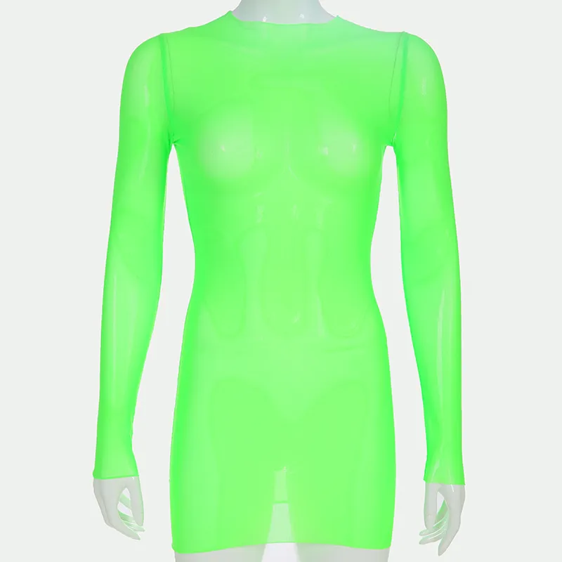 Сексуальная мода Зеленые неоновые платья Перспектива Сетка Летний Праздник Бич Смотреть через Bodycon Sun Vestidos Женщины 210517