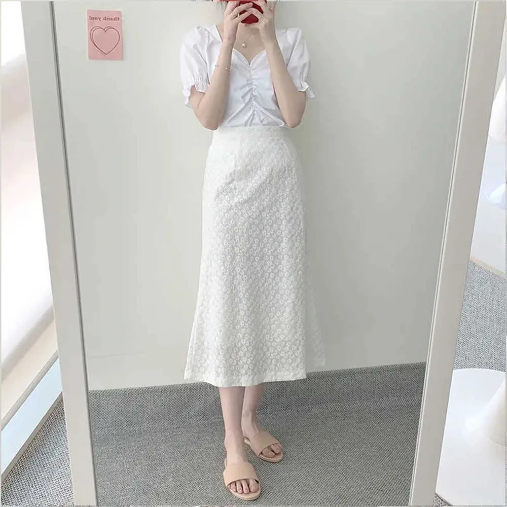 Białe hafty haczykowe kwiaty vintage długie spódnice elegancka żeńska wysoka talia łagodna moda wszystko pasuje do stylowych słodkich dziewcząt spódnice 210619