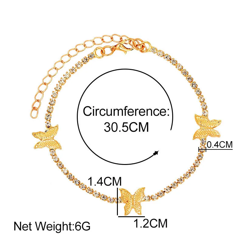 여성을위한 트렌디 한 귀여운 나비 수정 테니스 발목 골드 실버 컬러 보호 샌들 라인석 발 발목 체인 보석류 275f