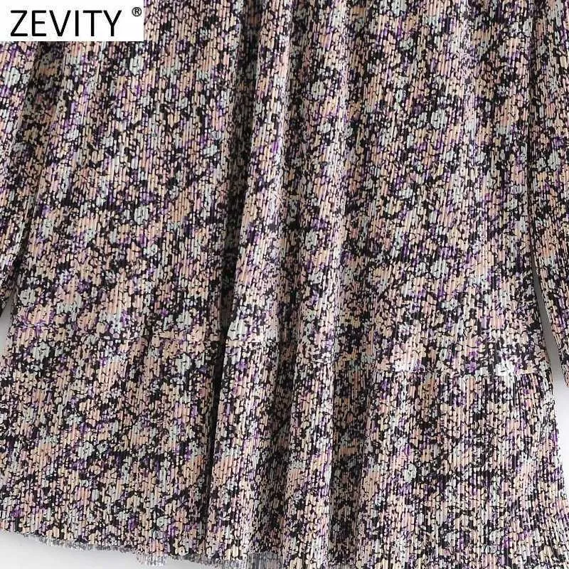 Zevity Femmes Vintage V Cou Fleur Imprimer Presse Plissée Mini Robe Femme Lanterne Manches Volants Une Ligne Vestidos Tissu DS4689 210603