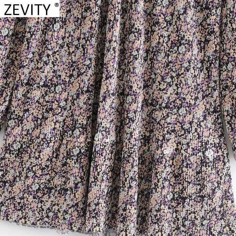 Zevity Frauen Vintage V-ausschnitt Blumendruck Presse Plissee Minikleid Weibliche Laterne Hülse Rüschen A-linie Vestidos Tuch DS4689 210603