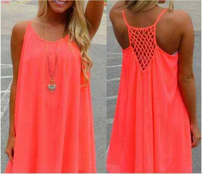 Candy color Women Beach dress Fluorescence 2022 summer Mini dress Sleeveless Hollow out Sexy Casual Female clothing Y220304