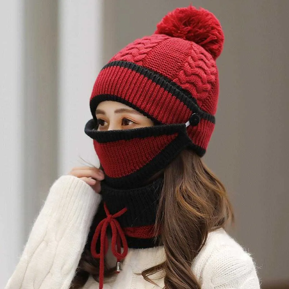 3 pezzi di cappelli con bavaglino che coprono il viso, protezione dal freddo le donne, berretto di lana lavorato a maglia autunno inverno, adatto a caldo e carino