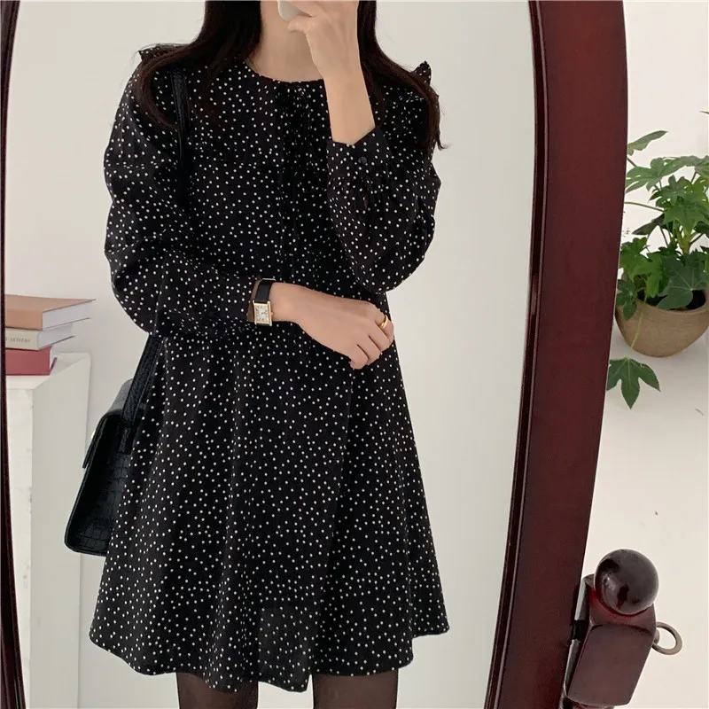 Jupe Femme Herbst frauen Kleid Koreanische Schwarz Polka Dot A-line Vestidos Lange Hülse O-ansatz Süße Kleider für Frauen 10840 210508