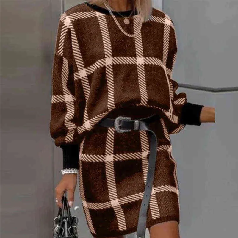 Mode Plaid Print Anzug Sets Frauen Elegante O Neck Pullover Sweatshirt Mini Röcke Outfits Herbst Frühling Casual Lose Sets 211108