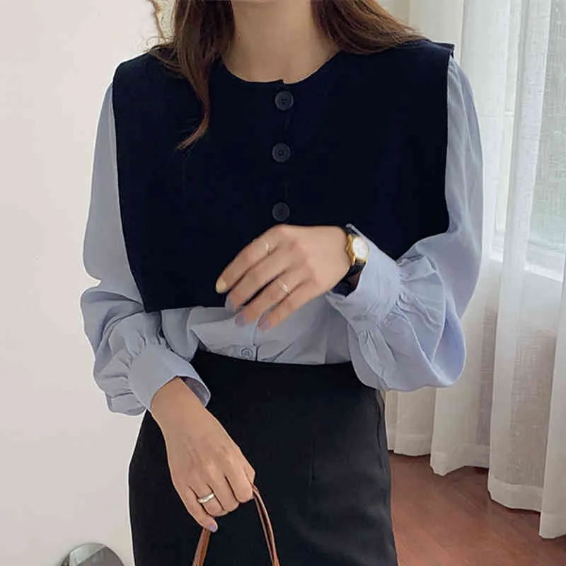 Ezgaga Two Piece Set Women Autumn Chic V-Neck Cropped Sweater Vest Shawl and Long Sleeve Shirts Office Lady Elegant Fashion 210430