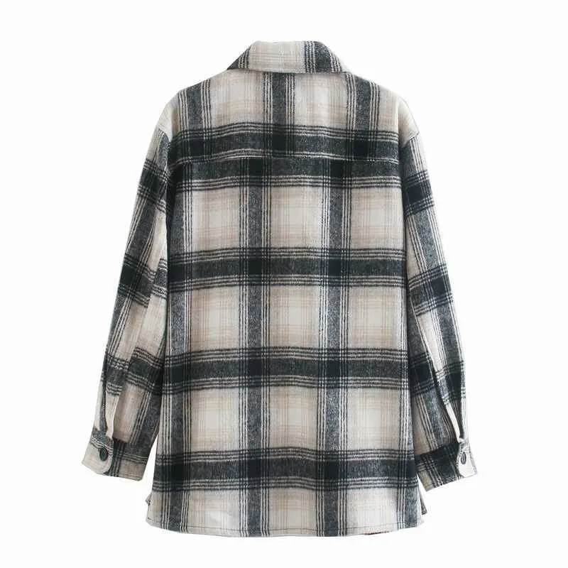 Mulheres xadrez de lã camisa outono moda de manga completa Outerwear senhora moderna solta pesado top 210602