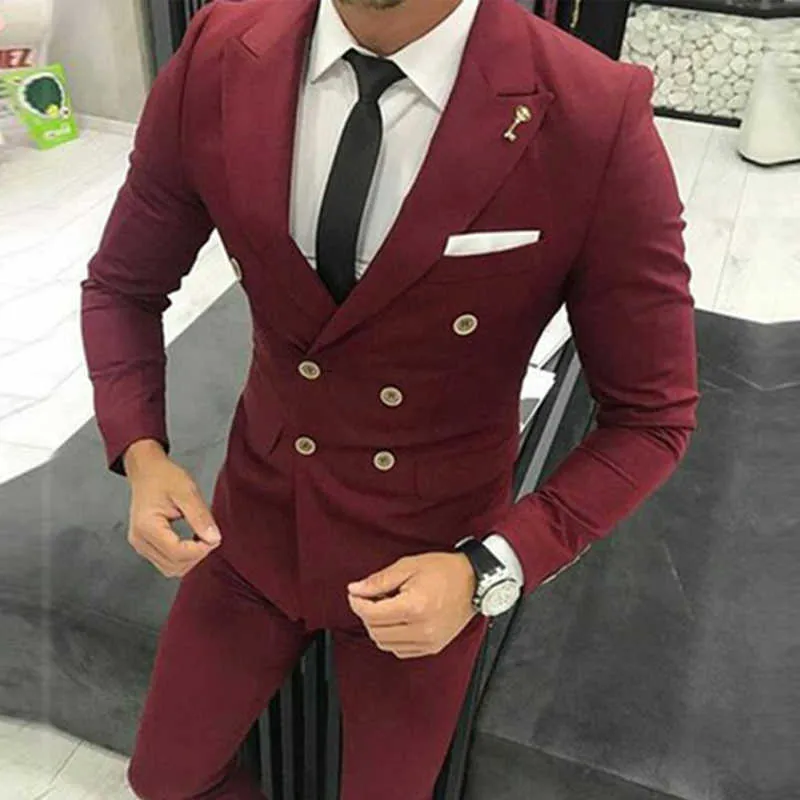 Costumes pour hommes à double boutonnage Bourgogne Style décontracté Slim Fit Mariage Tuxedo 2 pièces Veste de mode masculine avec pantalon Nouvelle arrivée 2021 X0909