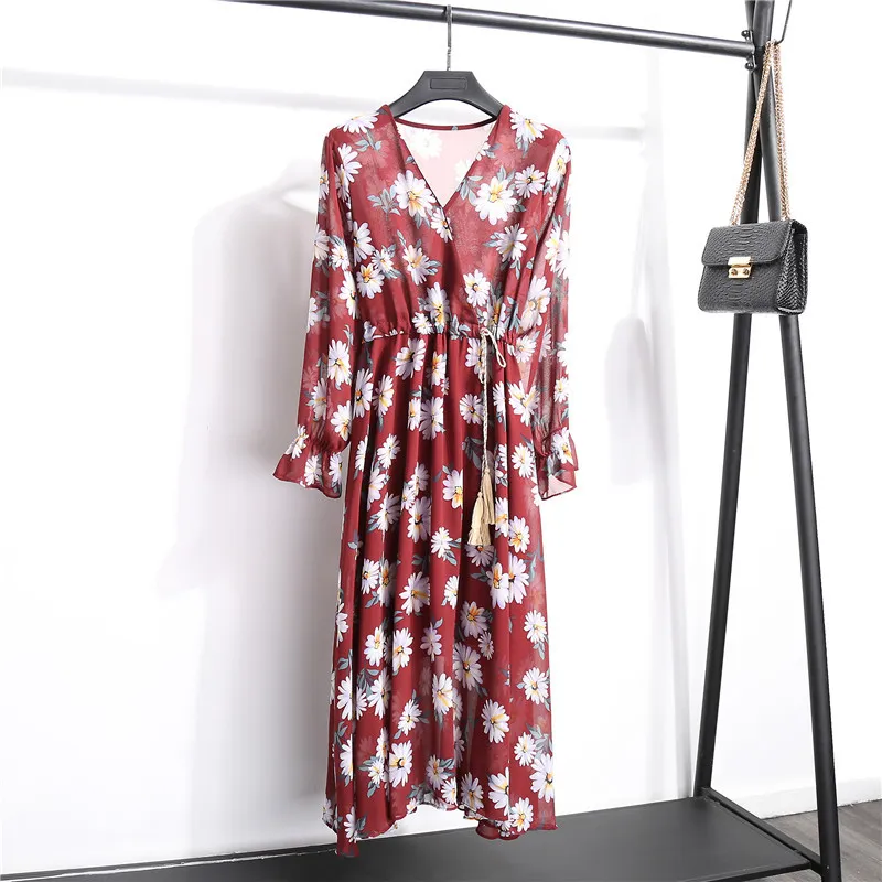 ビンテージルーズレディースドレスプラスサイズ花柄韓国フレア長袖タッセルエンパイアVカラーBurgundy Midi Vestidos 8692 50 210417